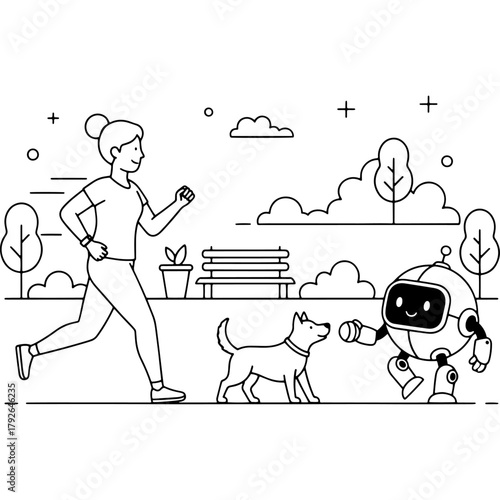 Futuristic lifestyle. Artificial intelligence robot, woman and dog in the park. Automation and use of technology in everyday life. A simple vector art.