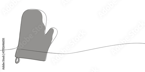 One line drawing of an oven mitt on white background. Minimal continuous line art for kitchen, baking, and cooking design with copy space