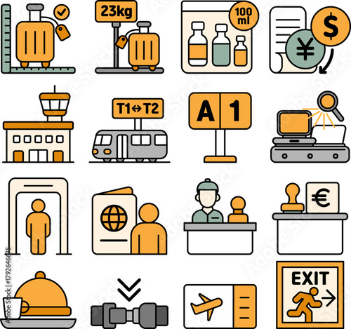 Airport Travel and Security Icon Set – Baggage, Check-in and Boarding