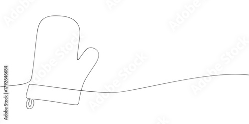 Continuous one line drawing of an oven mitt. Minimal vector illustration of kitchen glove. Cooking and kitchen safety concept with copy space