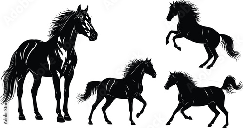 Black horse silhouettes in dynamic poses showing motion, power, elegance, and anatomy—perfect for equestrian, animal, and wildlife vector themes.