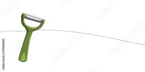 Continuous one line drawing of a vegetable peeler. Minimal kitchen utensil vector illustration with green handle. Cooking and food preparation concept with copy space