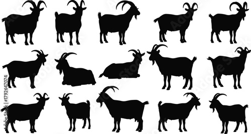 Set of goat silhouettes in various poses and horn styles, ideal for farm animal icons, wildlife design, and livestock illustration.