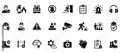 Set of safety and protection icons representing workplace safety and personal protective equipment
