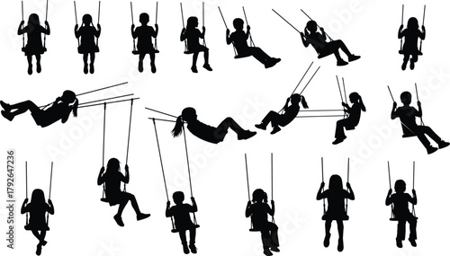 Silhouettes of children swinging on playground swings in motion, playful kids enjoying outdoor activity, dynamic vector illustration for stock content