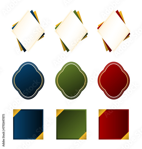 藍色・鶯色・深紅を基調にした高級感フレームセット（ゴールドの角装飾入りスクエア／重ね合わせたダイヤ型／クラシックな曲線シェイプなど多彩な9種類のラベルデザイン／ギフトパッケージ・キャンペーンバナー向けベクター）