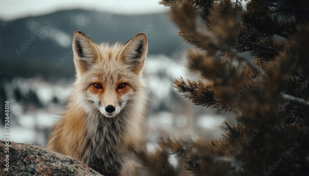 Fototapeta premium Alert wild canine with reddish fur stares directly from a rocky, cold outdoor environment.