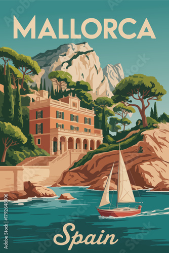 Mallorca spain vintage travel poster, retro-style colorful vector illustration, showcasing beaches, landscapes
