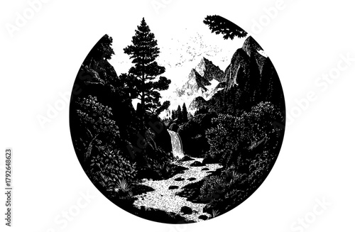 a black and white illustration of a mountainous landscape with a stream flowing through itblack, circle, illustration, image, landscape, mountain, mountain landscape, pine, stone, tree, white 