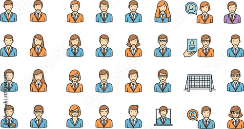 Diverse professional icons in business attire, vector illustration for human resources, workplace diversity, and team management concept