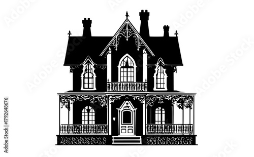 a black and white silhouette of a victorian style housebalcony, balustrade, black, building, gothic, house, icon, illustration, pillar, porch, rail, style, white 