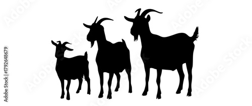 three silhouettes of goats on a plain transparent backgroundanimal, black, goat, illustration, profile, stand 