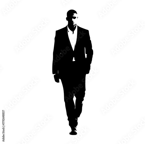 a silhouette of a man in a formal suit walking confidentlyblack, bow tie, business suit, cocktail dress, dress, goggles, man, suit, sunglasses, tie, walk, wear 