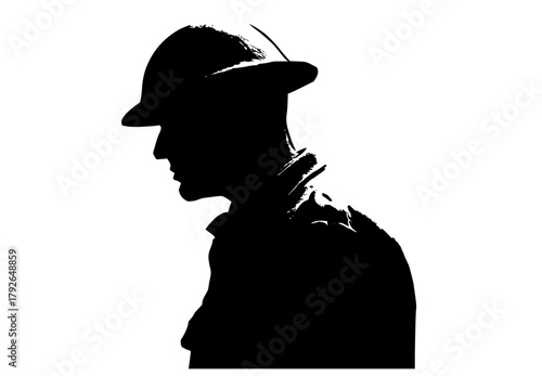 a silhouette of a man wearing a cap and a military uniformbaseball hat, black, hat, man, profile, stand, sun hat, wear 