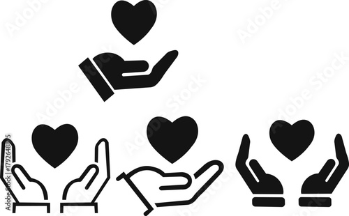 Heart in hand icon set.Outlined and solid icon pair of hands holding heart symbol, representing love, care, support, and charity in minimalist black design.Love, care healthcare symbol.