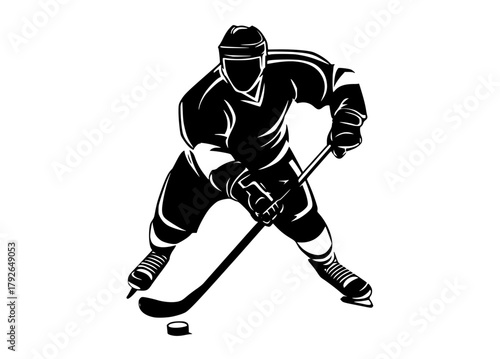 a black and white silhouette of a hockey player in actionblack, hockey, hockey player, hockey stick, ice, ice hockey, ice hockey player, illustration, man, play, profile, skate, stick 