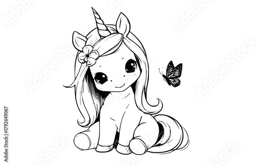 a cute unicorn with a flower in its hair and a butterfly beside itanimal, bow, butterfly, girl, hair, illustration, mane, pony, tail, unicorn 