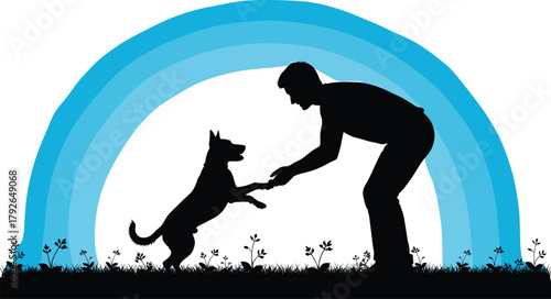 Dog bonding icon set, silhouette person holding dog paws under blue arc, black and white illustration, outdoor joy, trust, companionship grid