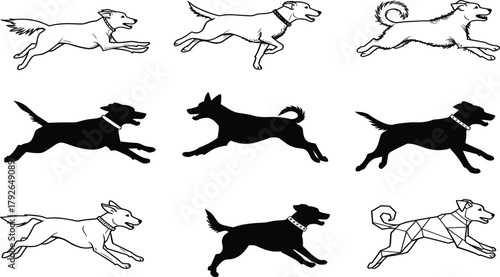Dog icon set, running poses in nine artistic styles including line, silhouette, textured, geometric, minimal, vector design, black grid
