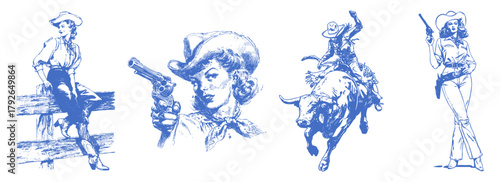 Western cowgirl vintage set with woman sitting on ranch fence, pistol girl portrait, rodeo bull rider, standing cowgirl with gun. Retro sketch vector. Wild west retro art Americana culture.