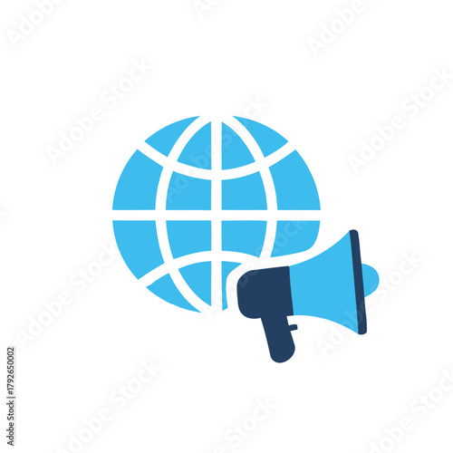 Global communication and promotion concept with a stylized blue globe and a bright blue megaphone icon