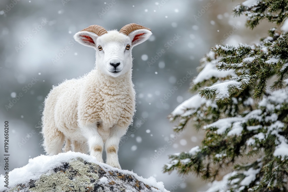 Fototapeta premium Young white sheep stands upon a snow-covered rock while snowflakes fall
