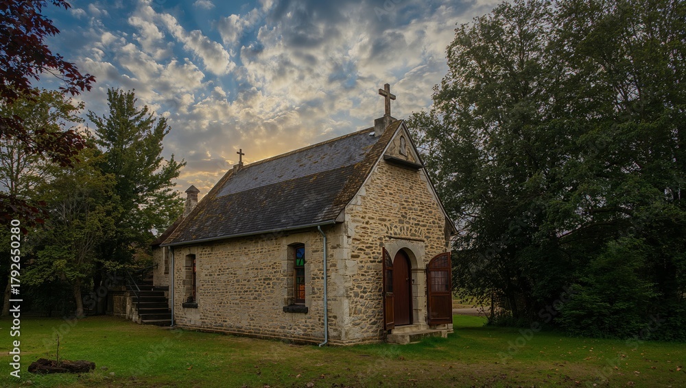 Fototapeta premium Stone Building in a Verdant Setting, Under an Expressive Sky with Drifting Clouds.