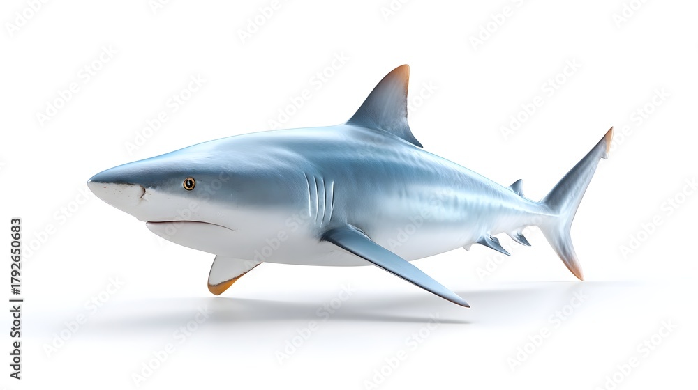Fototapeta premium Detailed rendering of a powerful marine predator a sleek shark with distinct fins and gills showcased against a clean white background