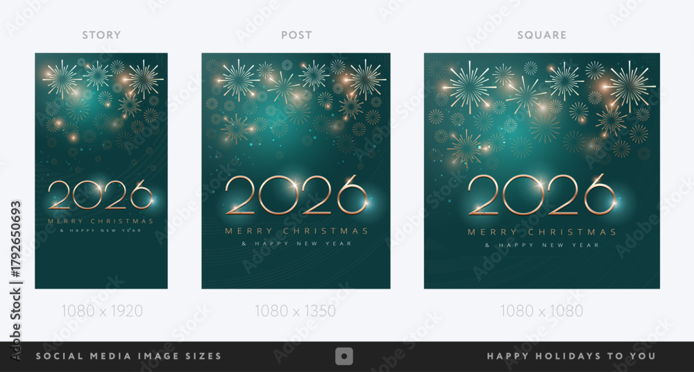 Obraz premium Merry Christmas and Happy New Year 2026 cards template for social media - story, vertical post, square format - luxury deep green and golden background with fireworks