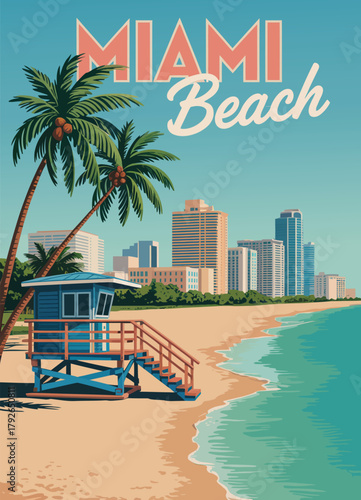 Miami beach retro poster – city skyline, lifeguard house, coastline, surf and ocean waves vintage vector illustration, colorful travel artwork, iconic Florida beach scene design.