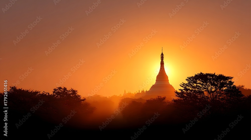 Obraz premium Experience tranquility with this breathtaking scene of a luminous stupa bathed in the warm glow of a golden sunset surrounded by silhouetted trees and atmospheric mist