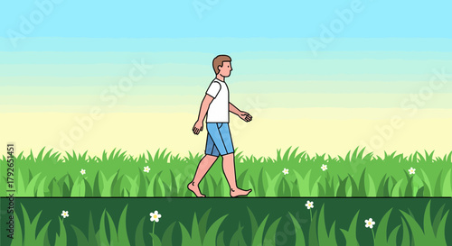 Barefoot Man Walking Across Grassy Meadow In A Sunny Day Illustration