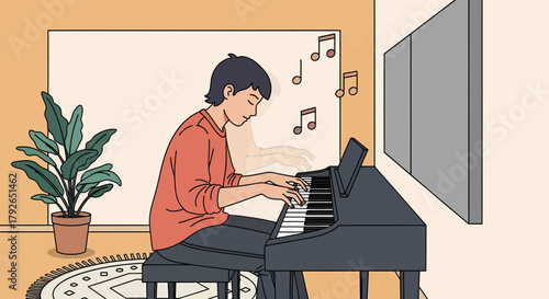 Boy Playing Piano At Home With Musical Notes Illustration