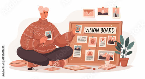 Creative Woman Making Vision Board And Visualizing Goals In Room