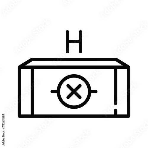 A black and white line drawing of a quantum bit or qubit symbol with an h above it