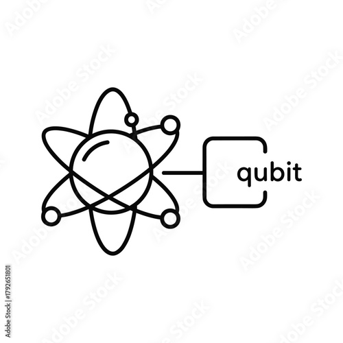 A black and white line drawing of an atomlike structure representing a qubit, connected to the word qubit