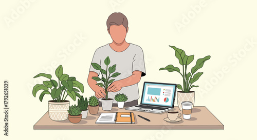 Freelancer Man Arranges Plants While Analyzing Data On The Laptop