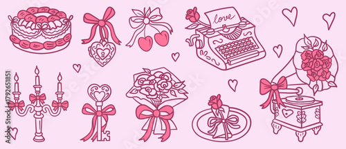 Romantic pink doodle set of vintage love icons, including cake, bow, heart lock, cherry, bouquet, typewriter, candelabra, key, rose plate, and gramophone, perfect for Valentine s Day cards, stickers