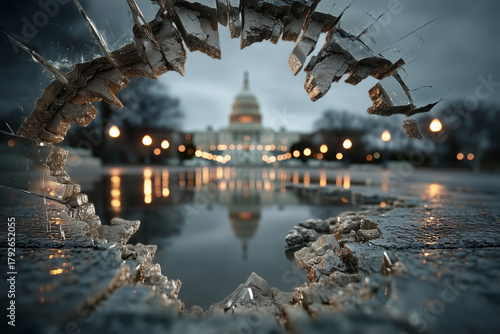 Reflection of the capitol in a broken mirror symbolizing division