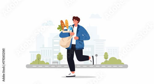 Happy Man Running With Grocery Bag After Shopping in City