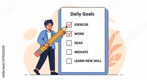 Man Completing Tasks on Daily Goals List with Large Pencil