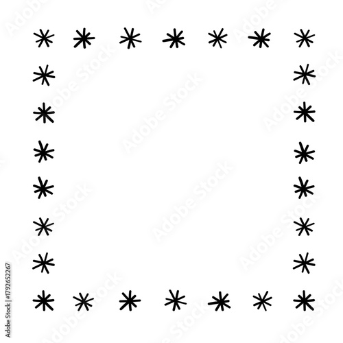 Square Christmas frame with hand drawn doodle snow flakes. Vector winter frame