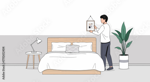 Man Hanging Wall Art In Minimalist Bedroom Illustration Style