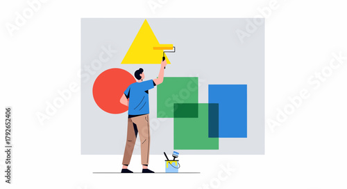 Man Painting Colorful Geometric Shapes With Roller On Wall