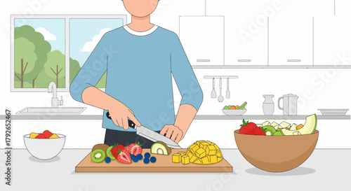 Man Preparing Fresh Fruit Salad In Bright Modern Kitchen Setting