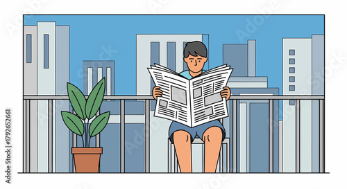 Man Reading Newspaper On Balcony In Cityscape Illustration