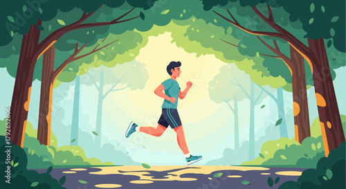 Man Running In Nature Cartoon Style, Health And Fitness Concept