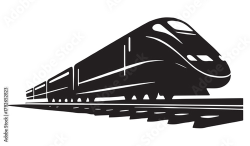A sleek black and white illustration of a fast moving passenger train