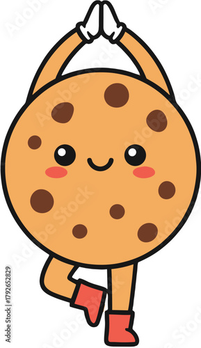 Kawaii Chocolate Chip Cookie Mascot Performing Tree Pose Yoga