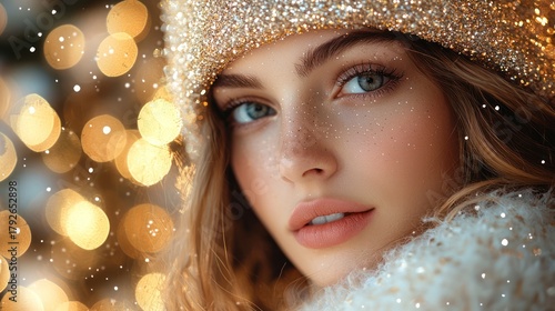 Close-up portrait of a beautiful young woman with freckles wearing a sparkly winter hat and scarf, snowflakes falling.